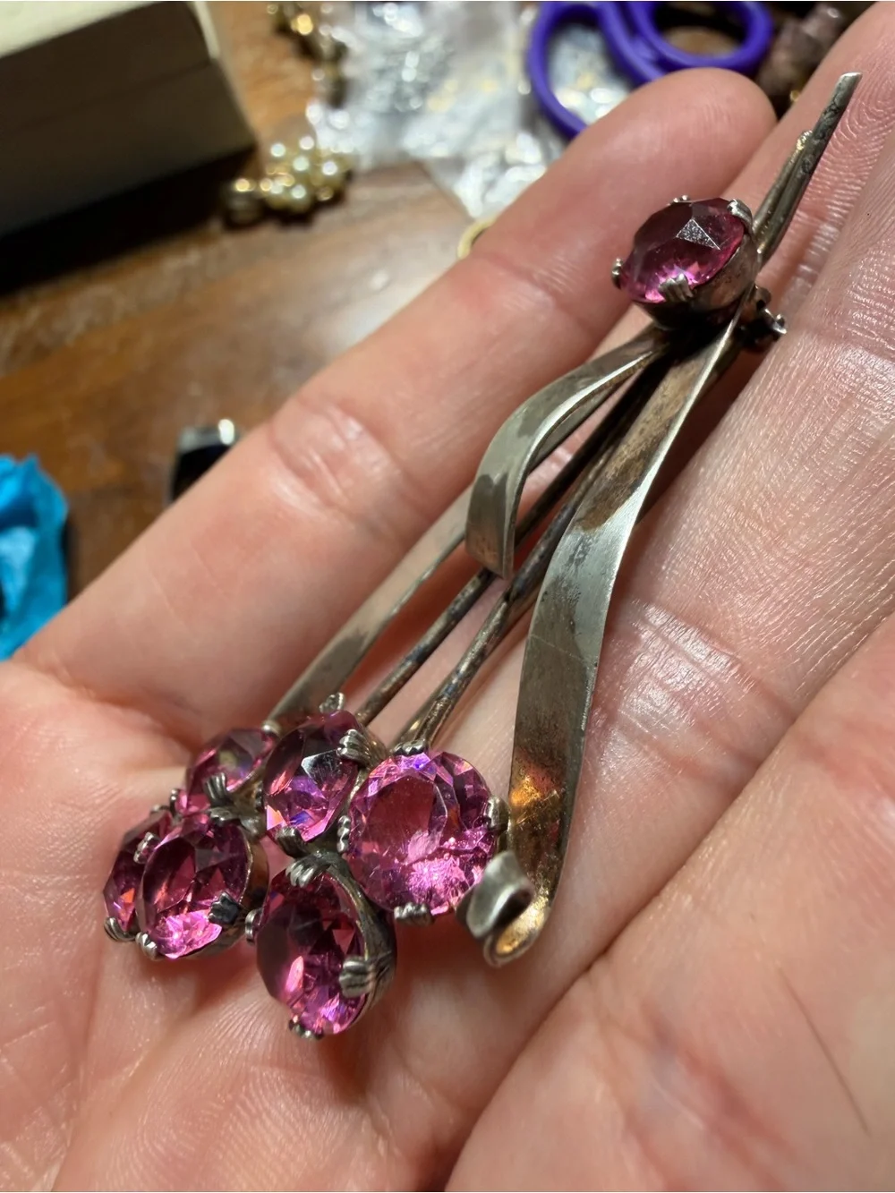 Vintage sterling silver floral crystal brooch